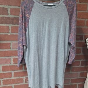 LuLaRoe Greenish Gray Top with Purple and Orange 3/4 Sleeves